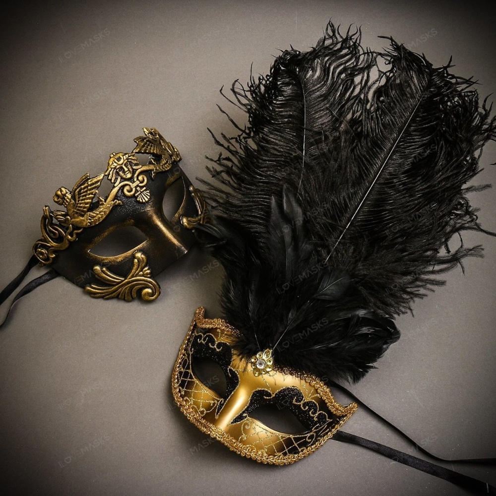 Black Gold Venetian Roman Warrior Greek + Feather Masks Couple Masquerade Party
